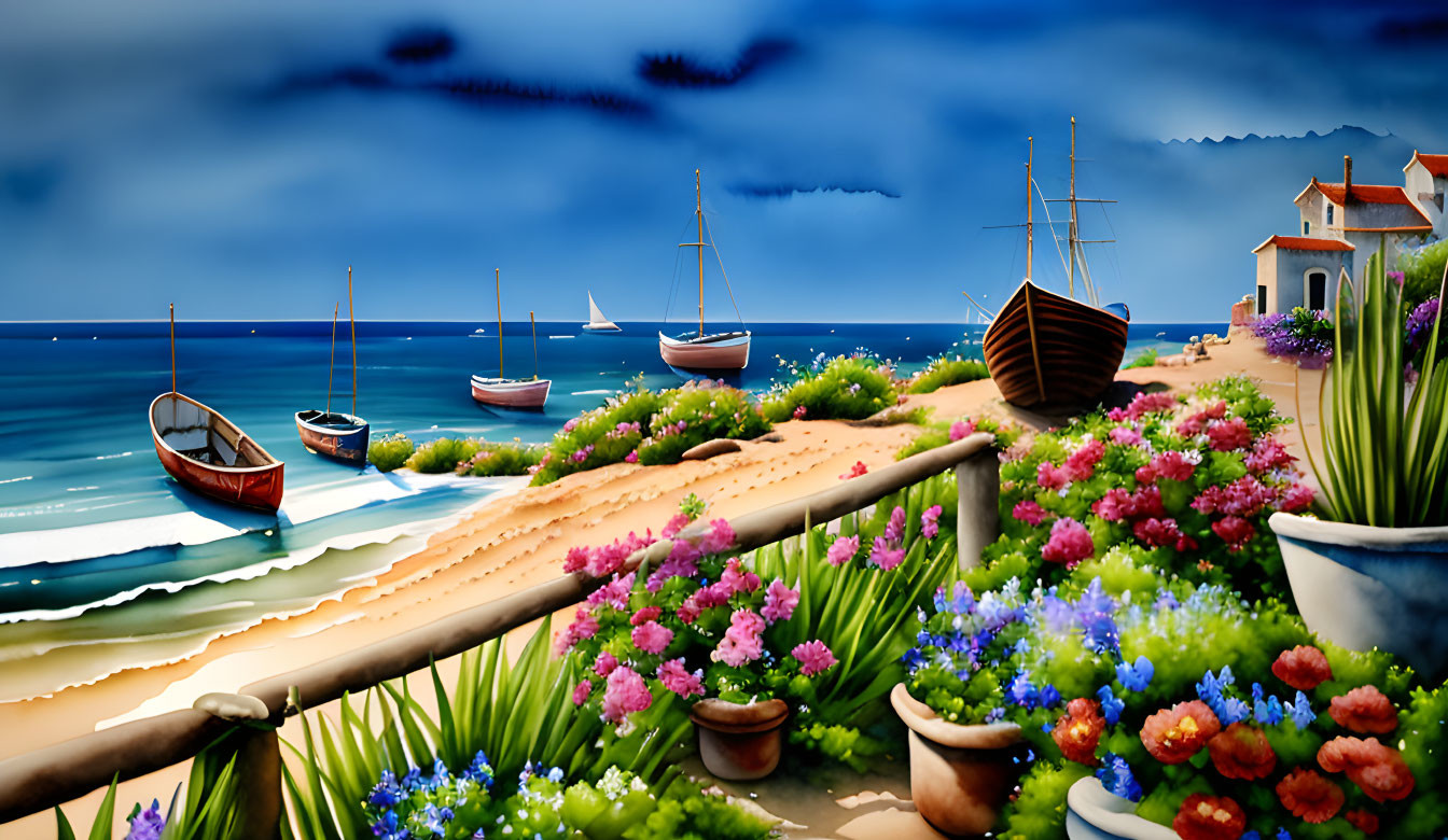 Colorful flowers, boats, and white buildings by the seaside