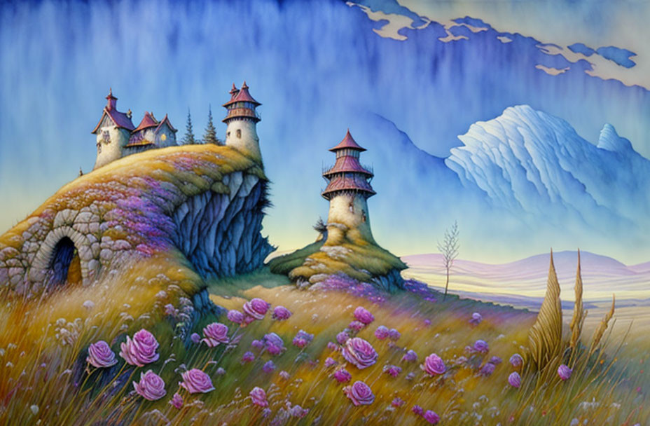 Colorful Castles on Grassy Hills in Fantasy Landscape