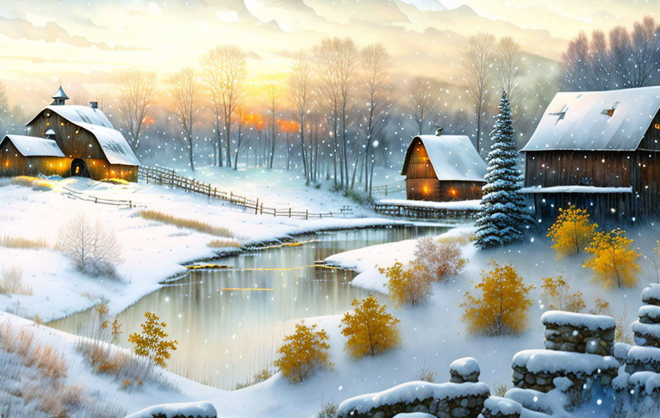 Snowy Winter Sunrise Scene: Rustic Barns, Frozen Pond, and Glowing Lights