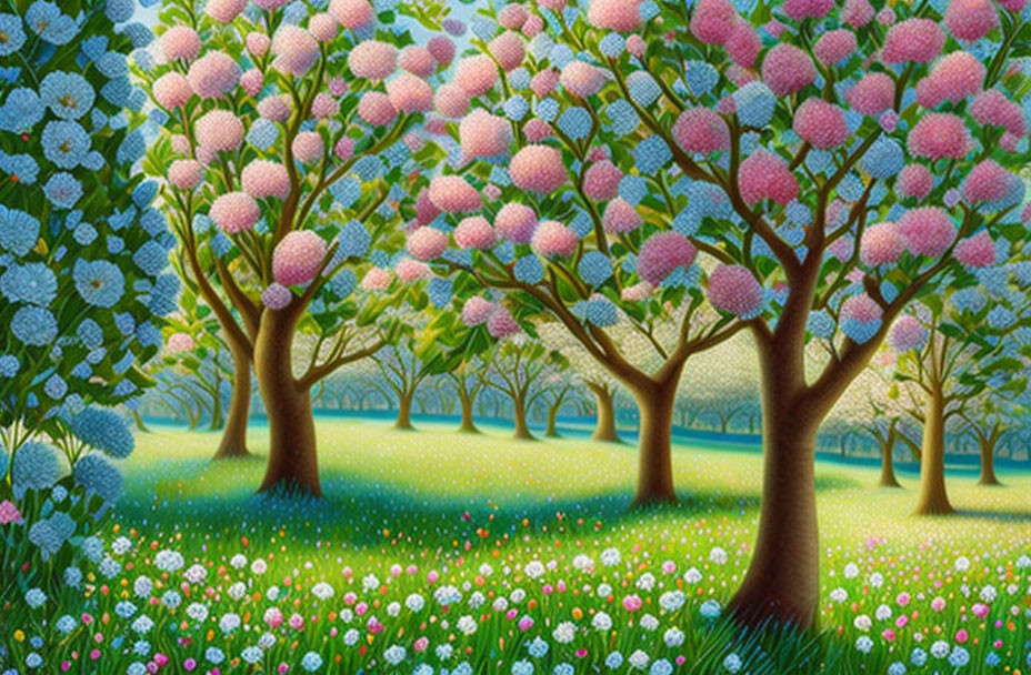 Colorful painting of whimsical forest with pink and blue blossoms and glowing light dots