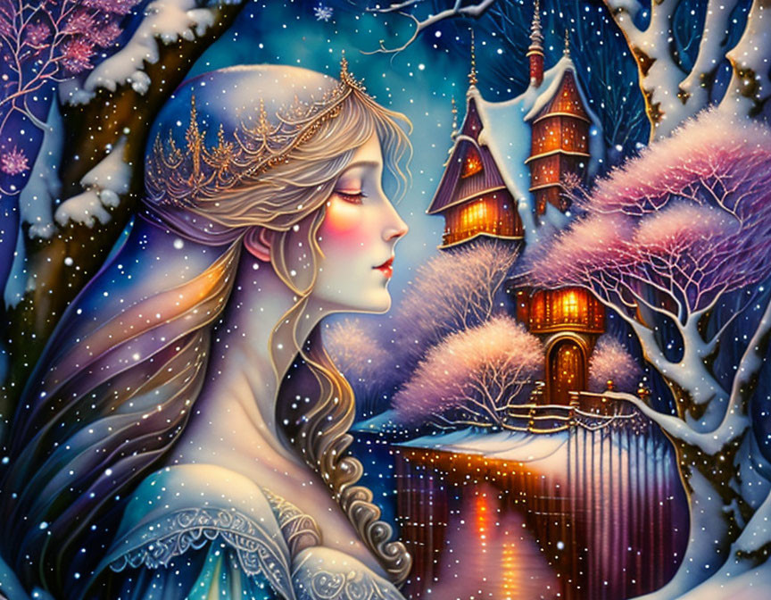 Fantasy illustration of woman with tiara in snowy castle landscape