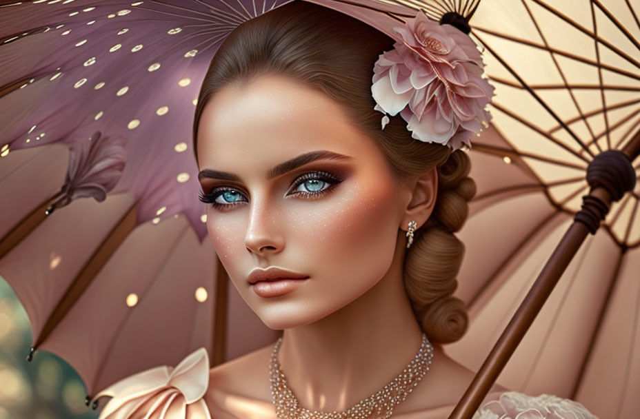 Detailed illustration of woman with blue eyes holding lace umbrella, adorned with flowers and pearls.