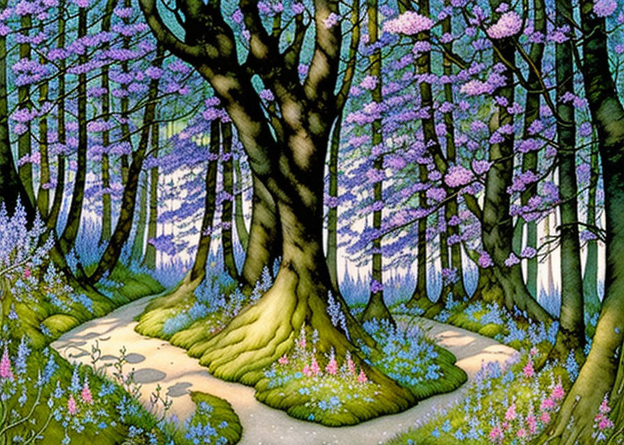 Lush Forest Landscape with Purple Blooms and Green Foliage