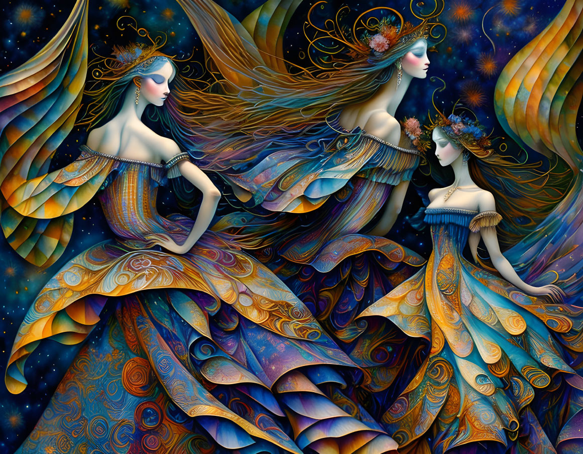 Ethereal female figures in flowing gowns and elaborate headdresses against cosmic background