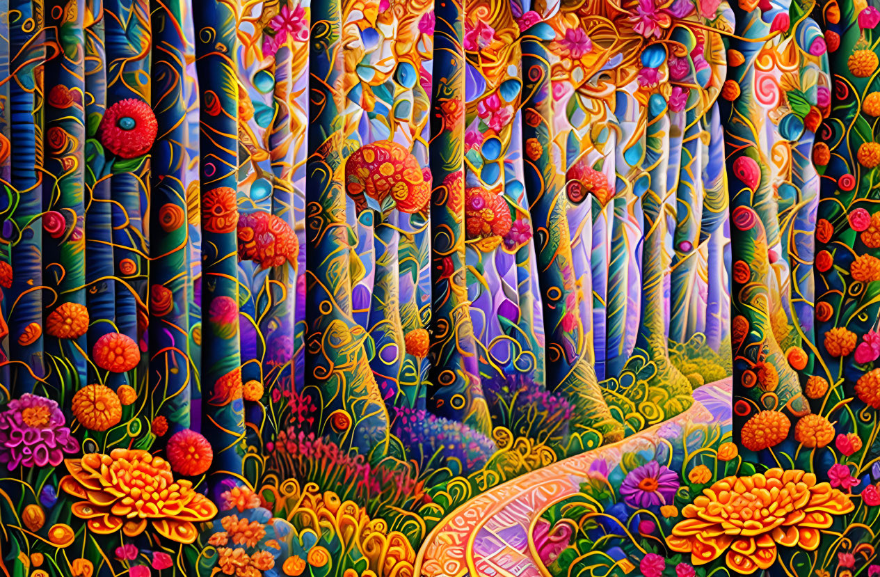 Colorful Psychedelic Forest Scene with Patterned Trees & Fantastical Flowers