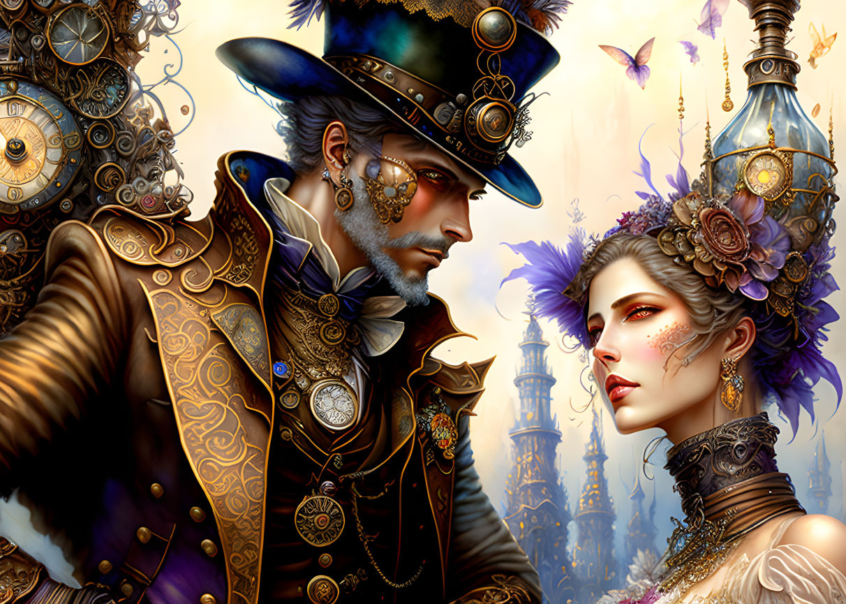 Steampunk-themed man and woman in ornate attire with mechanical accessories against clockwork backdrop