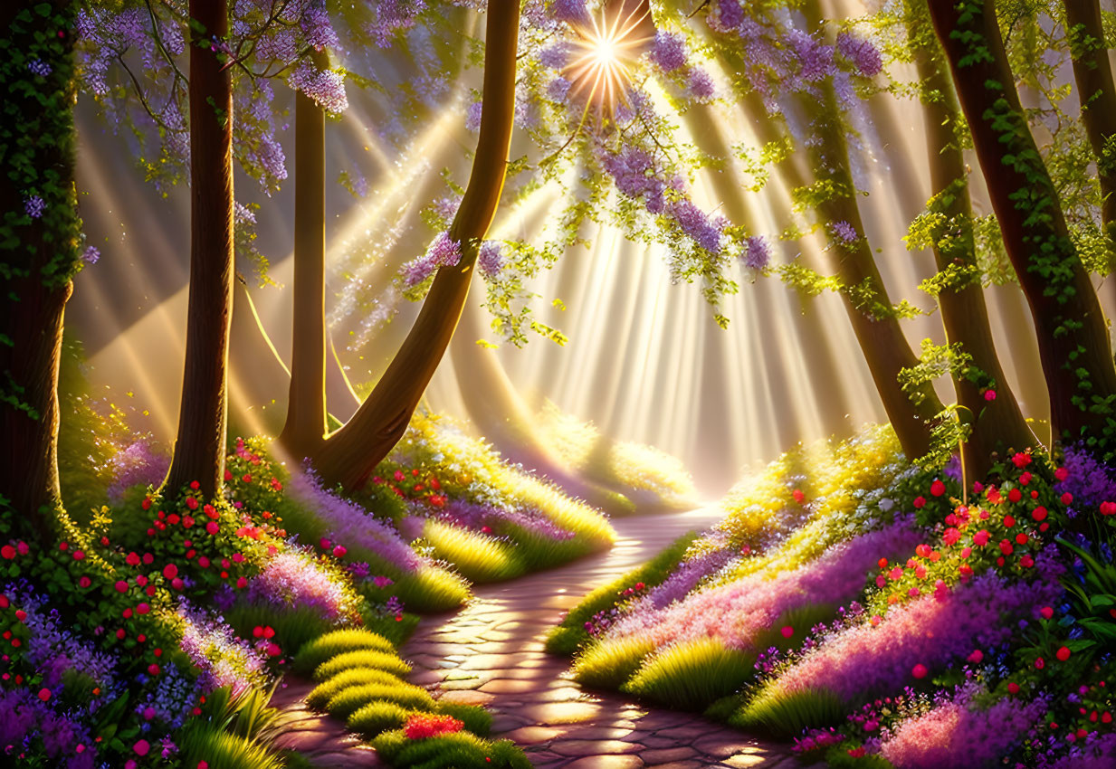 Enchanted forest path with sunbeams and flower-lined walkway