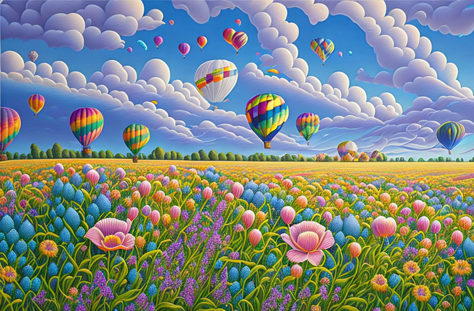 Vivid hot air balloons over colorful flower field