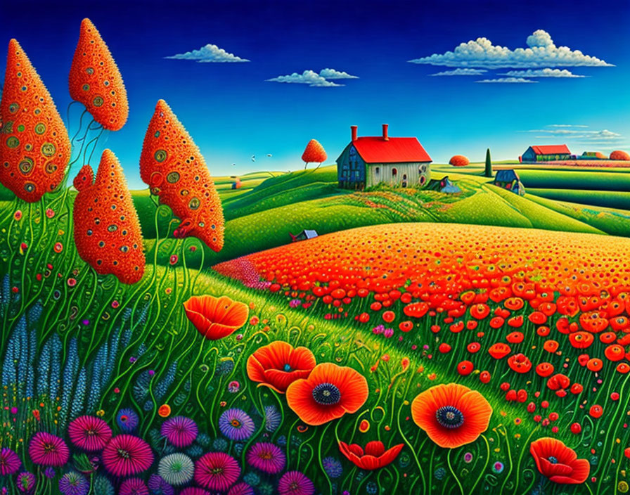 Colorful rural landscape painting with red poppies, blue flowers, hills, and a quaint house.
