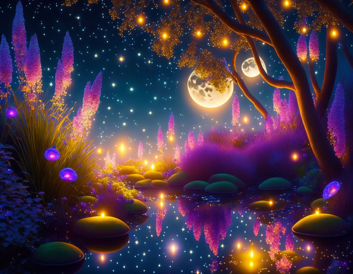 Enchanting nocturnal landscape with glowing flowers, illuminated trees, and dual moons reflected on a tranquil