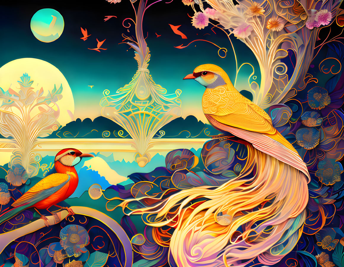 Colorful bird illustration with moon, mountains, and swirling patterns