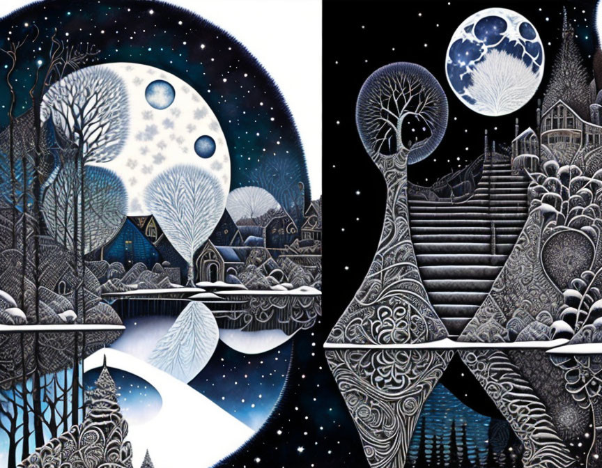 Symmetrical surreal landscape drawings with trees, staircases, and peacock-like creatures