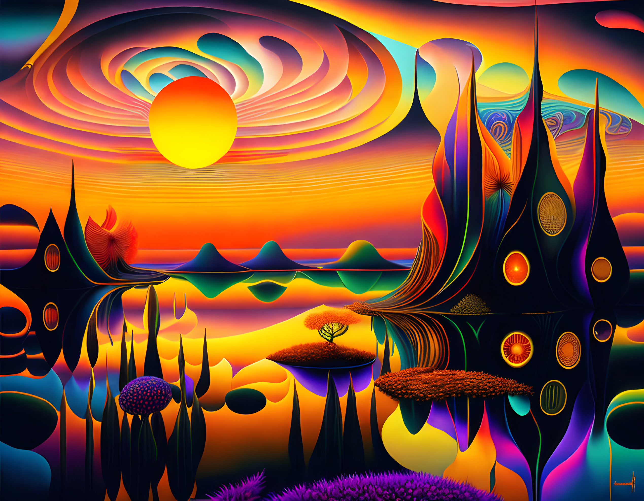 Colorful Swirling Psychedelic Landscape with Abstract Shapes and Setting Sun