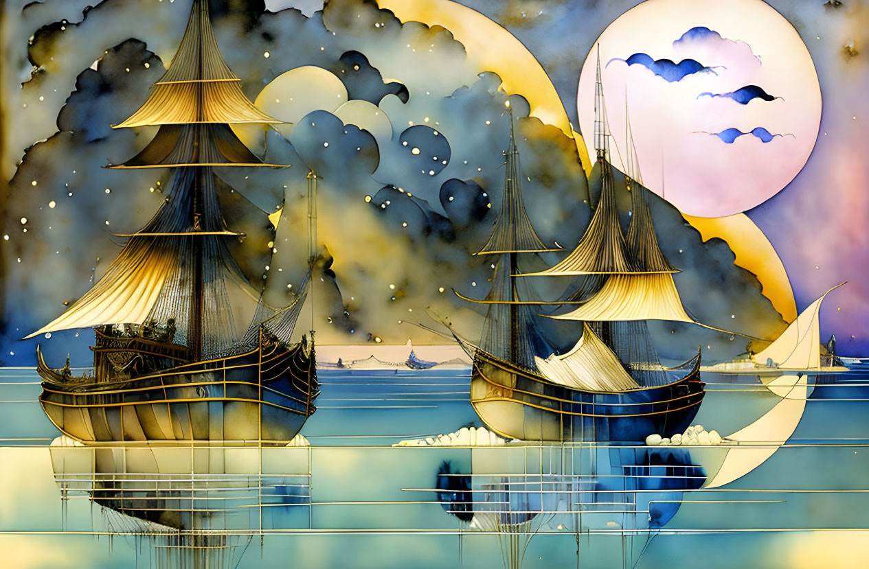 Fantasy ships on clouds under large moons in vibrant art style