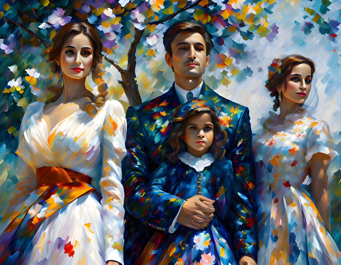 Colorful Family Portrait with Floral Theme and Vibrant Blossom Backdrop