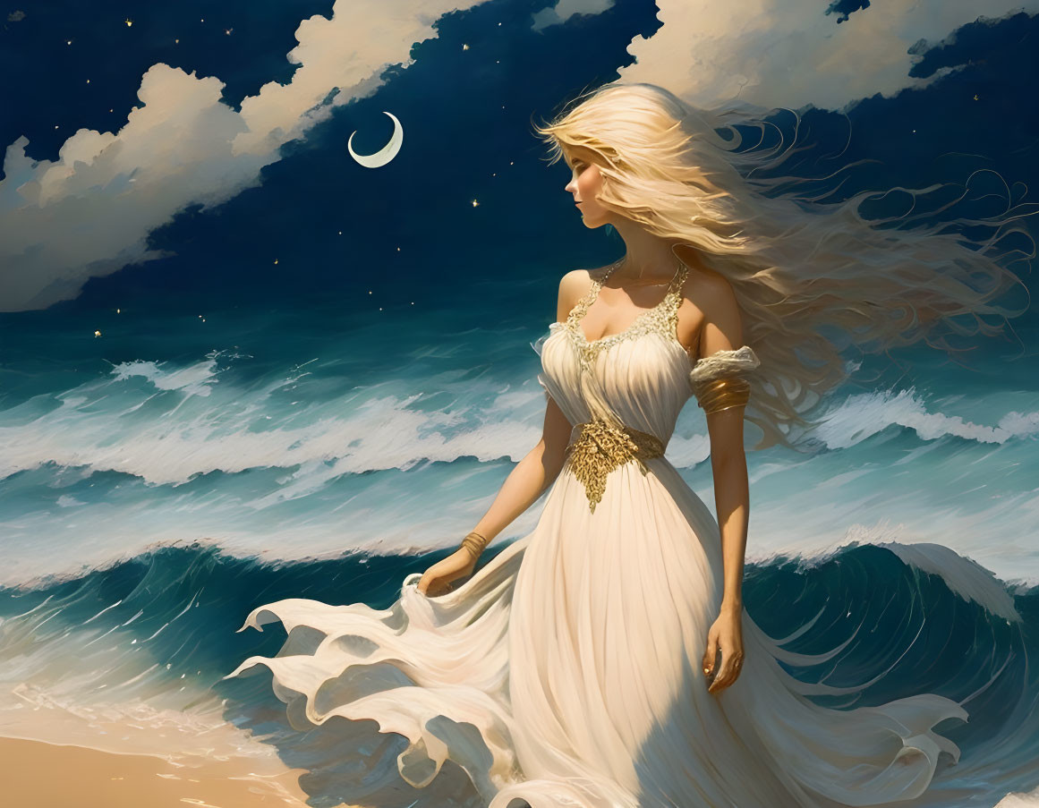 Blonde woman in white gown by the sea under starry sky