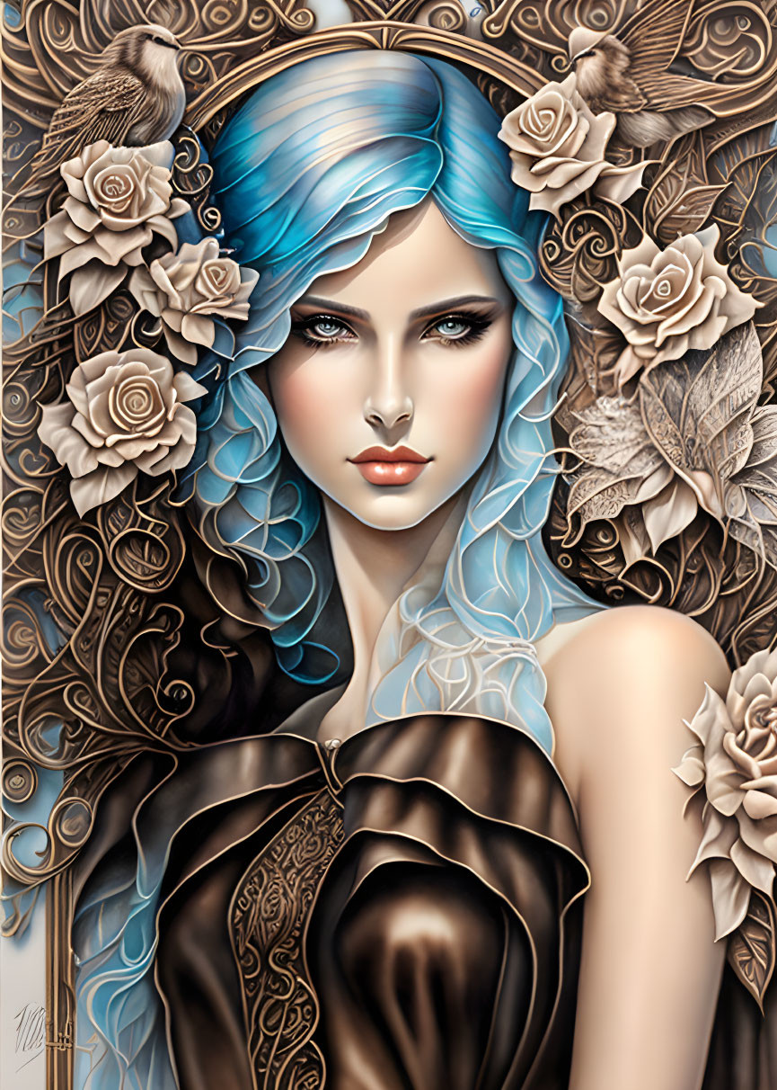 Illustrated portrait of woman with blue hair, intense gaze, intricate patterns, roses, and birds.