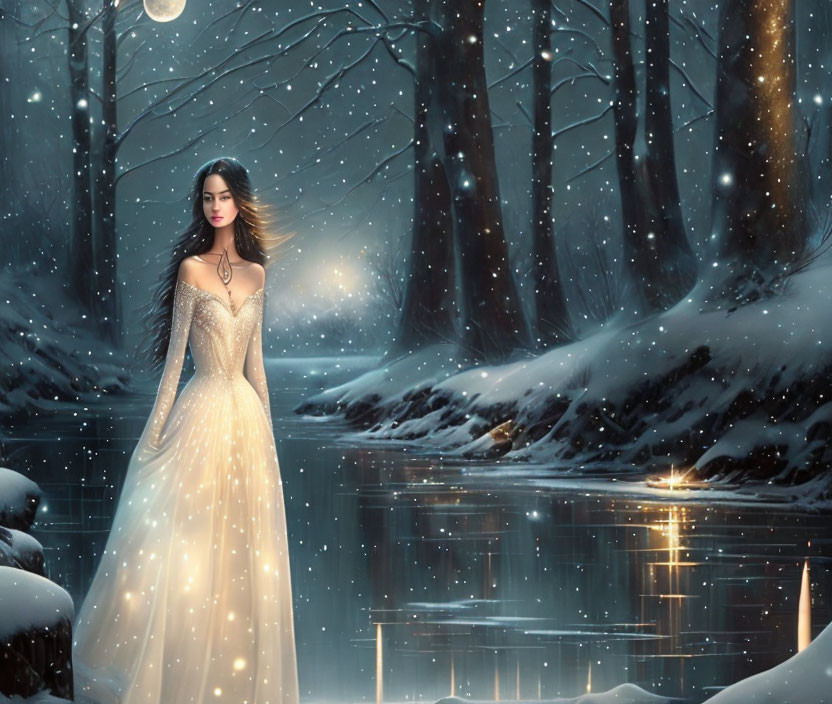 Woman in elegant dress with glowing pendant in serene snowy forest