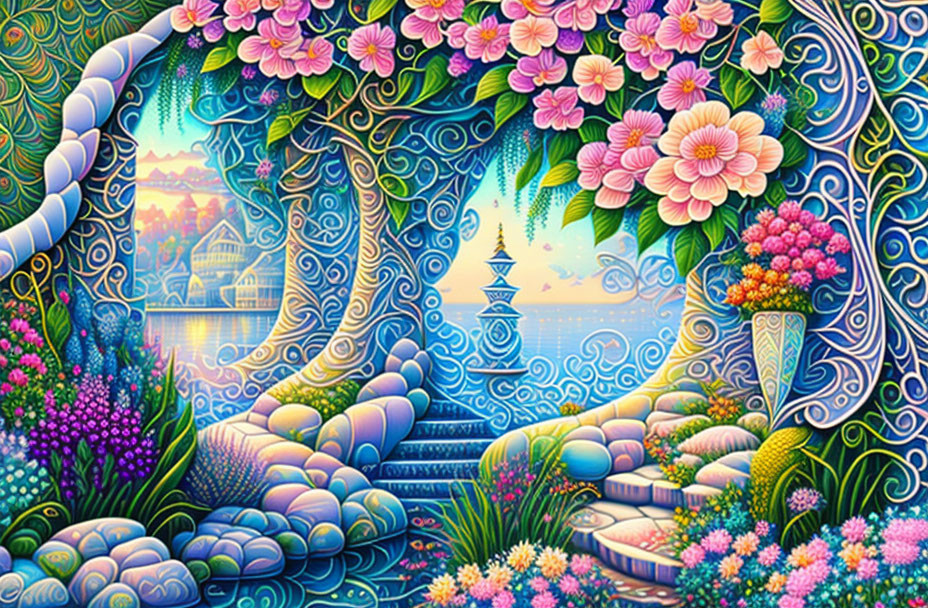 Colorful fantasy landscape with swirling patterns, blooming flowers, staircase, and whimsical architecture under lumin