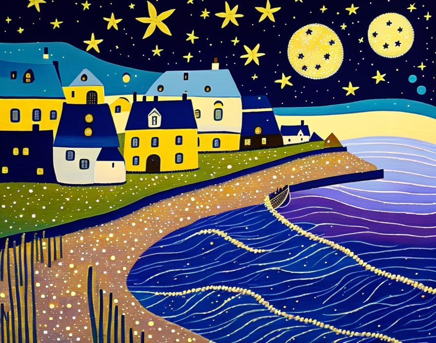 Stylized coastal night painting with village, stars, moon, and boat