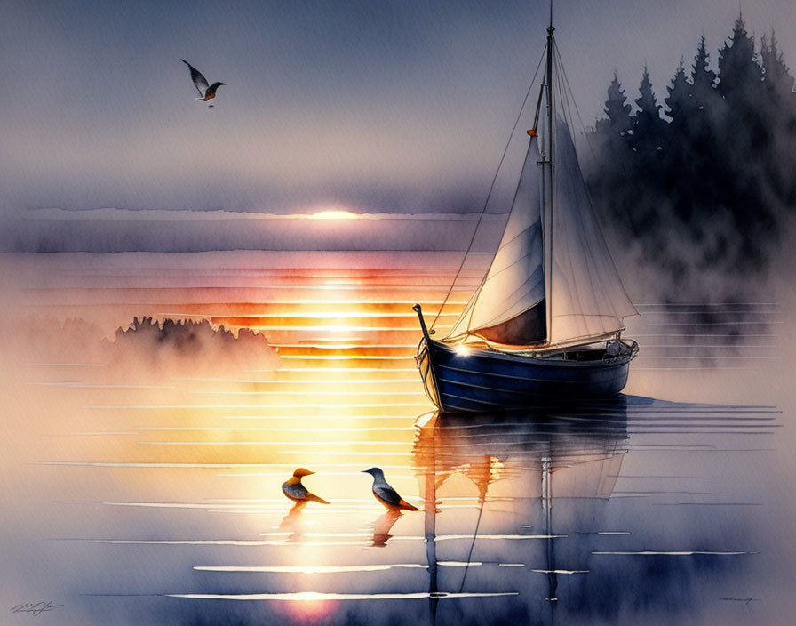 Tranquil watercolor sailboat painting at sunset