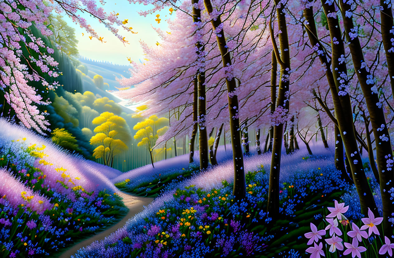 Scenic landscape with cherry trees, sunlit path, flowers, and green hills