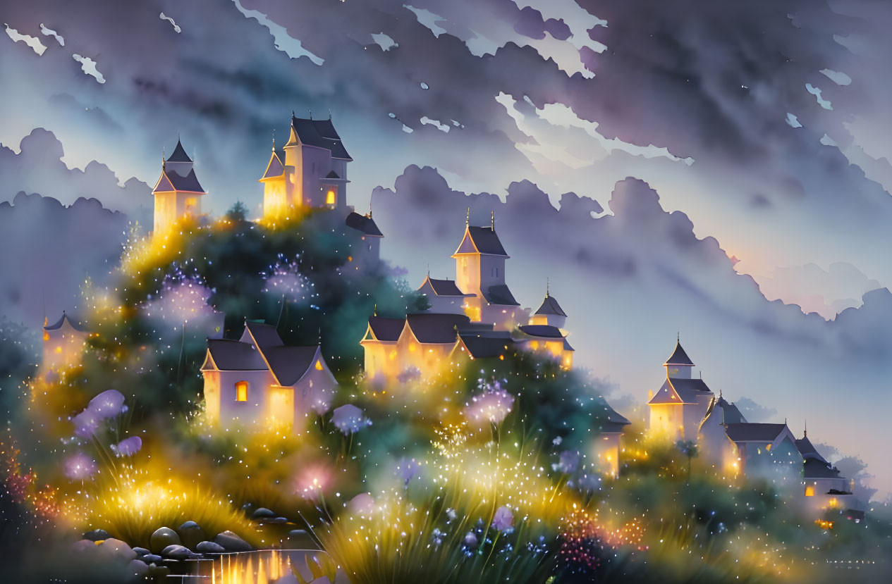 Glowing star-like village on hill with castles in dusk sky