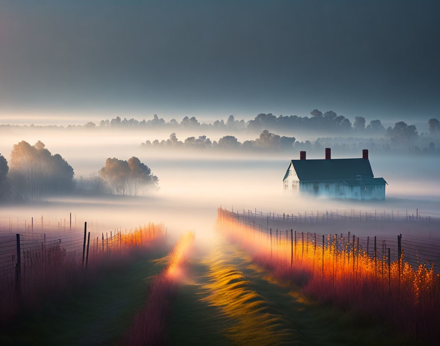 Tranquil sunrise over misty landscape with lone house and pathway