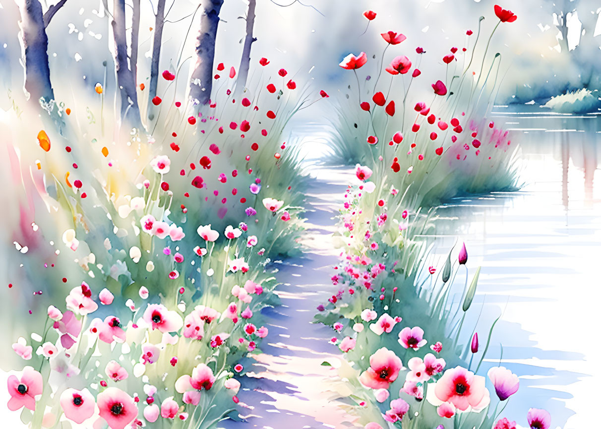 Lush Floral Path Watercolor Painting with Red and Pink Flowers