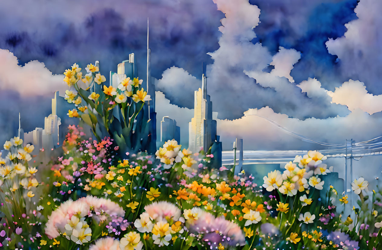 City skyline and wildflowers under dramatic sky