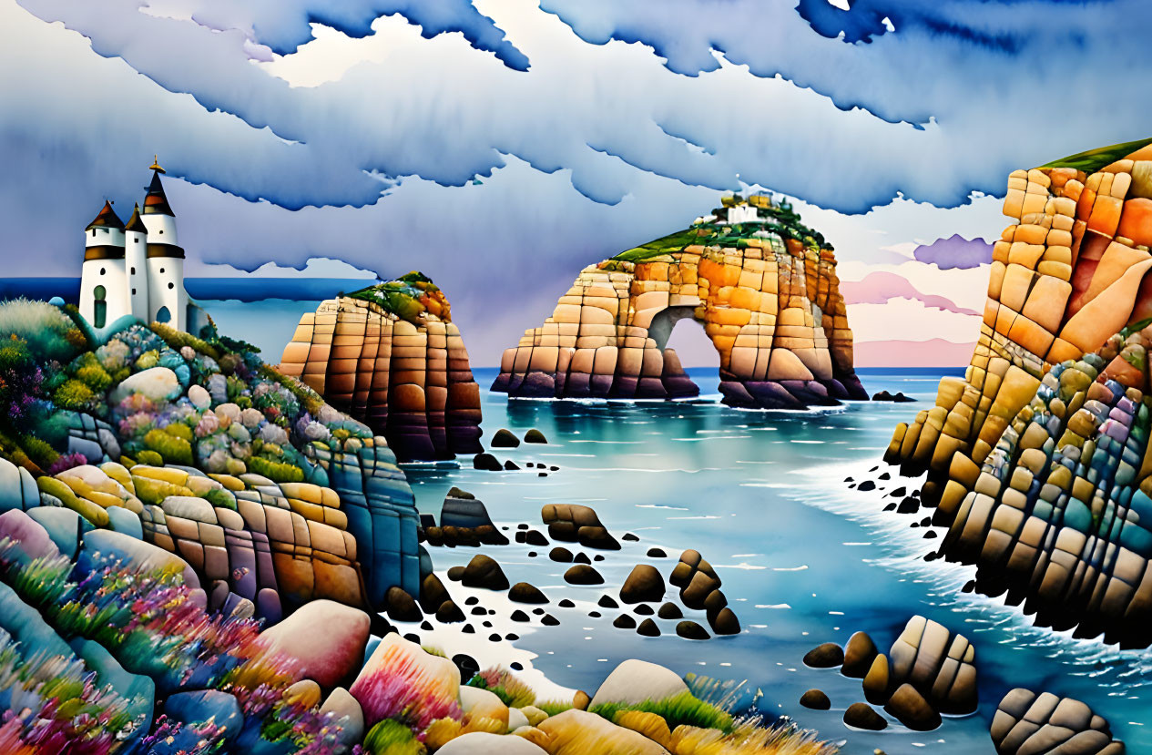 Vibrant illustrated ocean landscape with lighthouse and stone arch