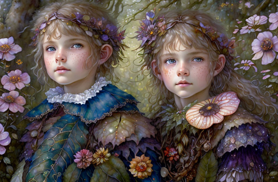 Fantasy-inspired digital artwork of two girls with floral adornments