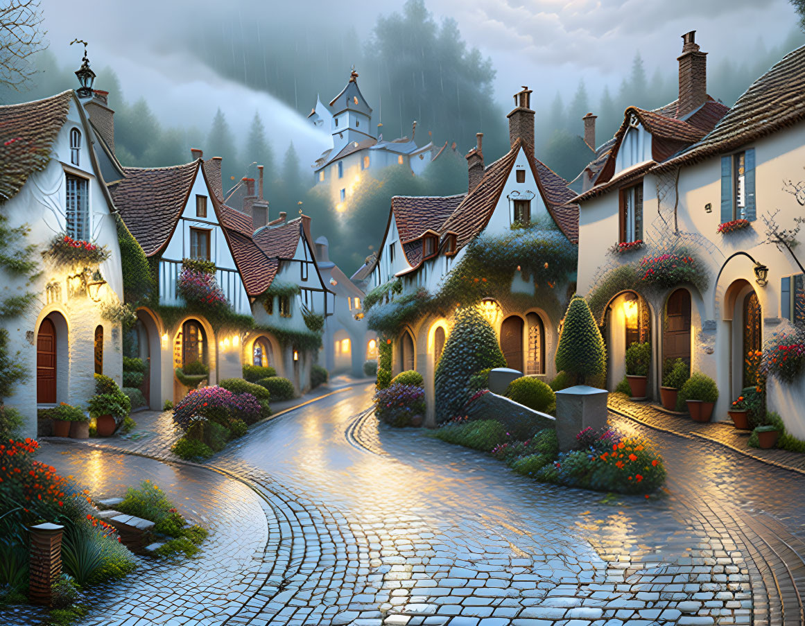 Charming village street at twilight with cobblestones, picturesque houses, blooming flowers, and glowing