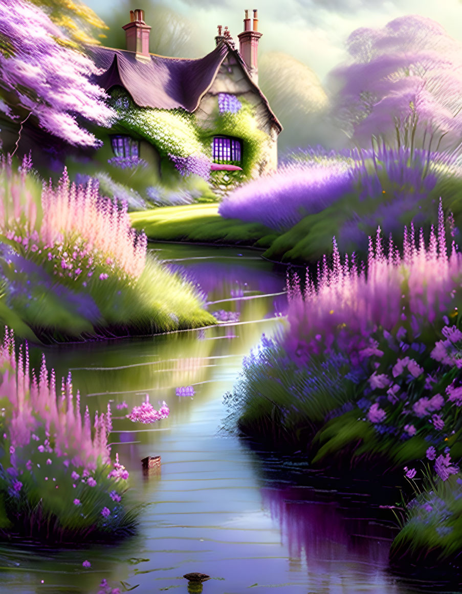 Cozy cottage in lush purple flora with serene stream and soft lighting