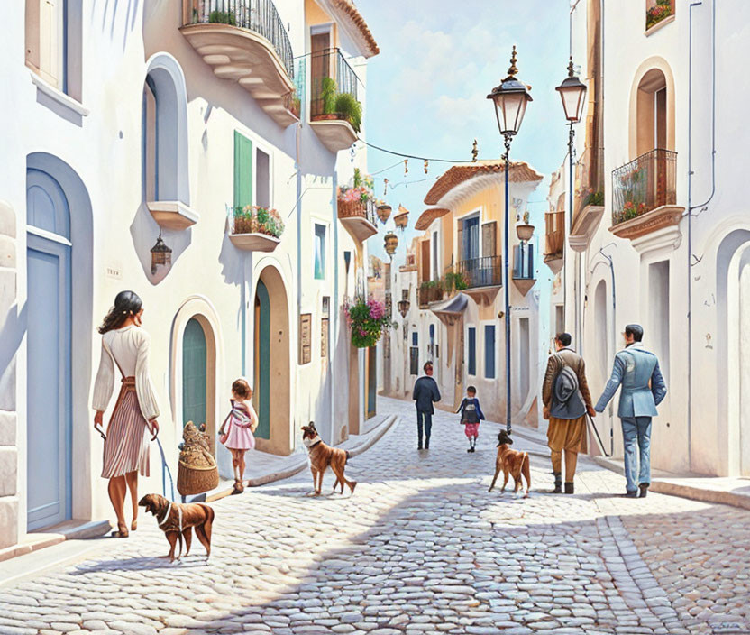 Scenic street with white buildings, balconies, and cobblestones