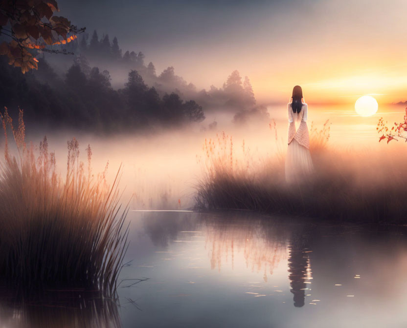 Woman admiring sunrise over misty lake with grasses and leafy branch in soft morning light