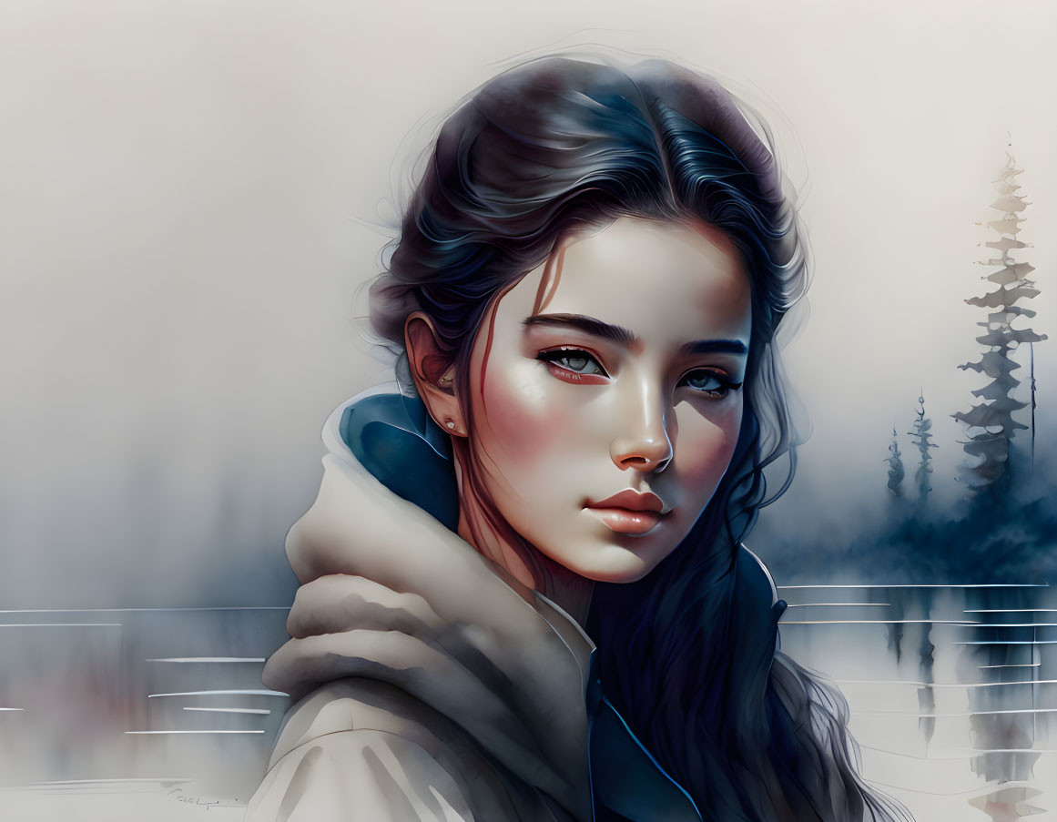 Digital illustration: Woman with dark hair, red cheeks, in winter attire, snowy background