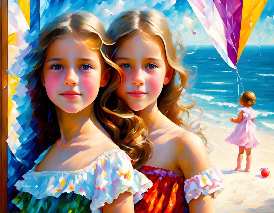 Two girls in ruffled dresses on beach with colorful kite.