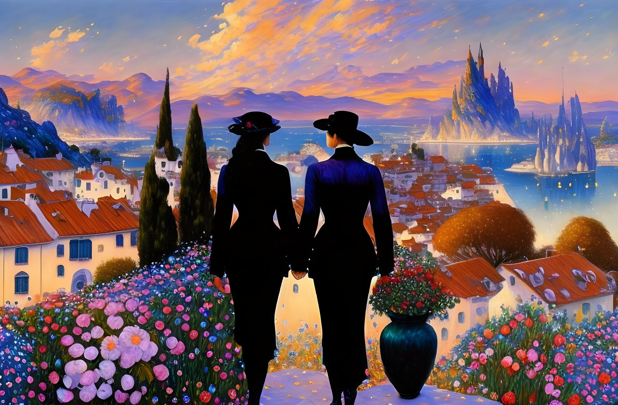 Silhouetted figures holding hands in vibrant sunset landscape