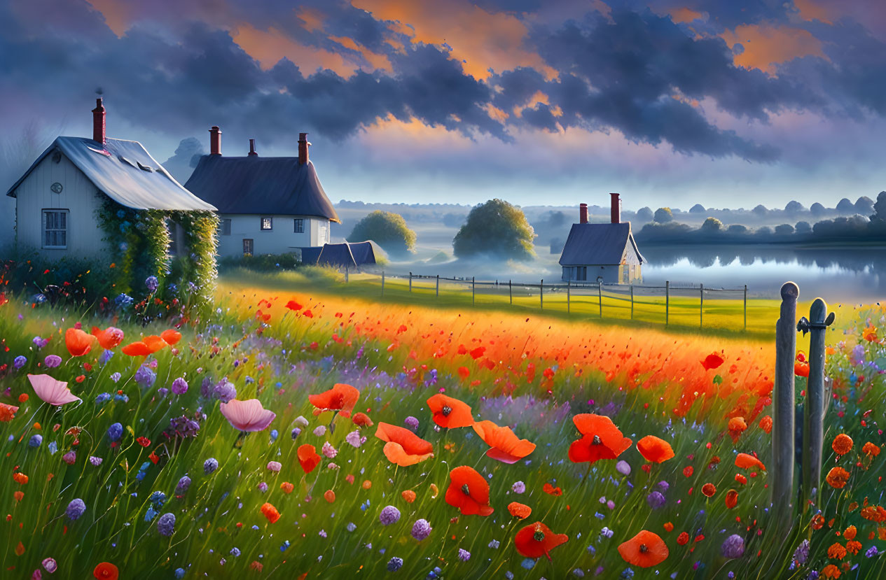 Tranquil rural landscape with poppy field, lake, cottages, cloudy sky