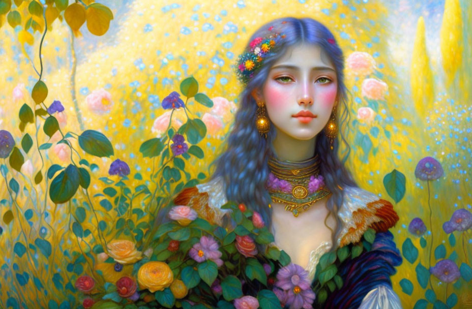 Surreal portrait of woman with long silver hair and vibrant flowers in golden floral landscape