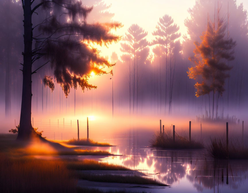 Misty Forest Lake Sunrise with Golden Light and Tranquil Water