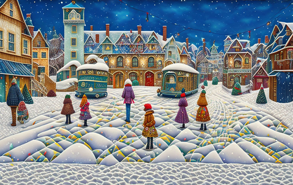 Vibrant Snow-Covered Village Illustration with Whimsical Characters