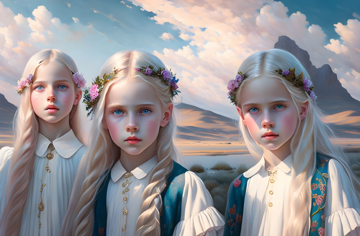 Three girls in floral crowns and braided hair, vintage dresses, scenic mountain backdrop.