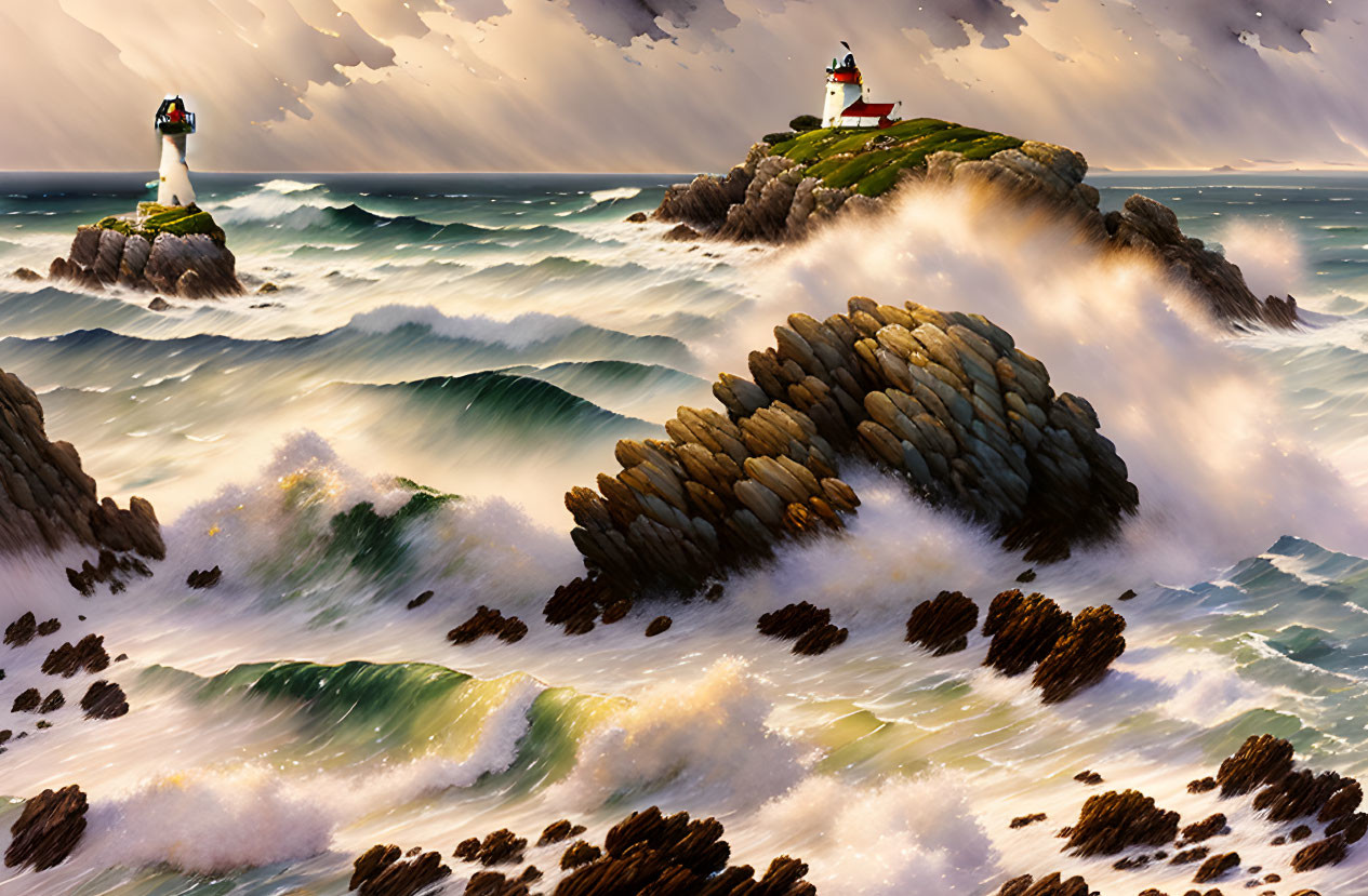 Coastal scene with lighthouse on craggy islet and turbulent waves