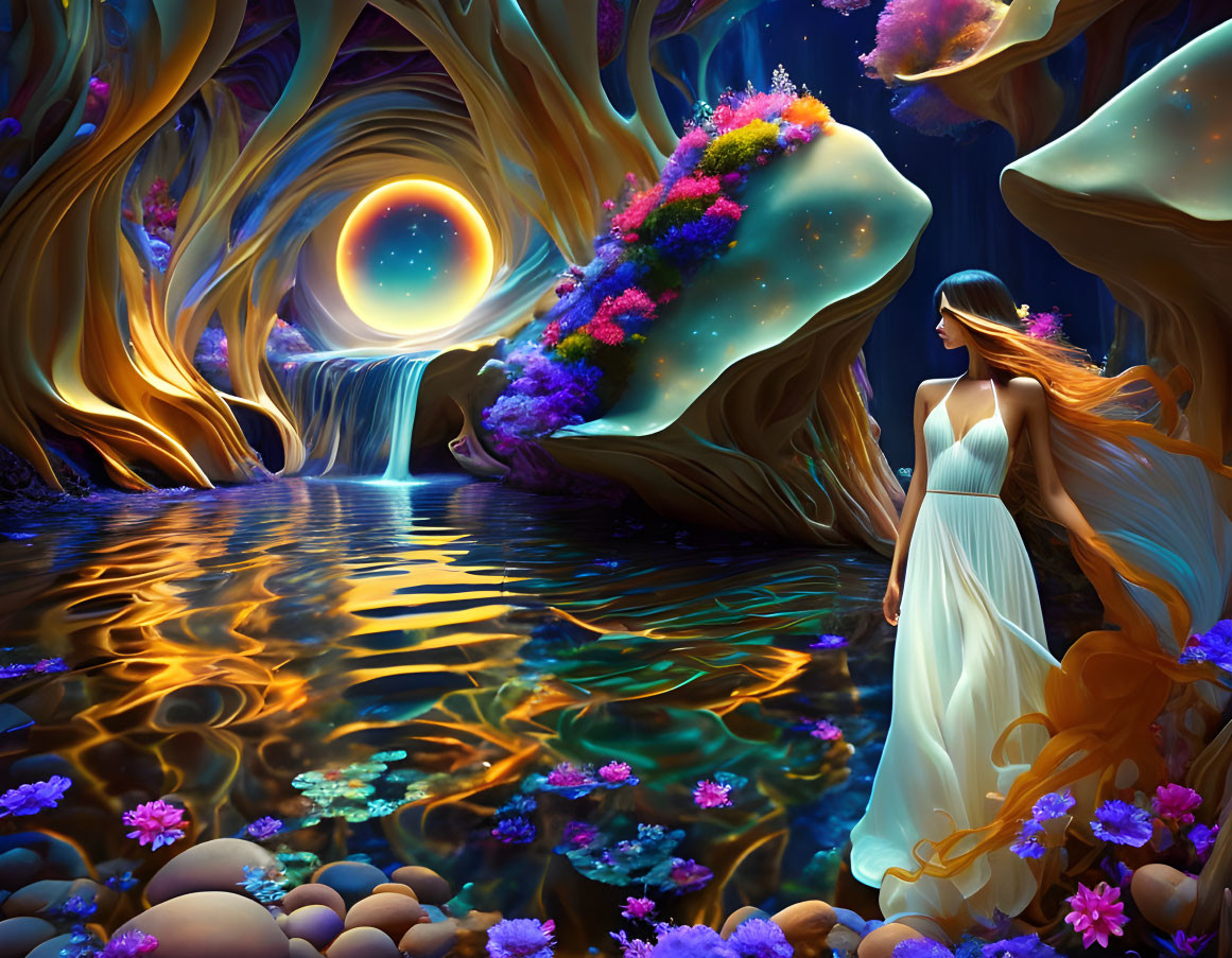 Woman in White Dress by Colorful Riverbank with Glowing Portal