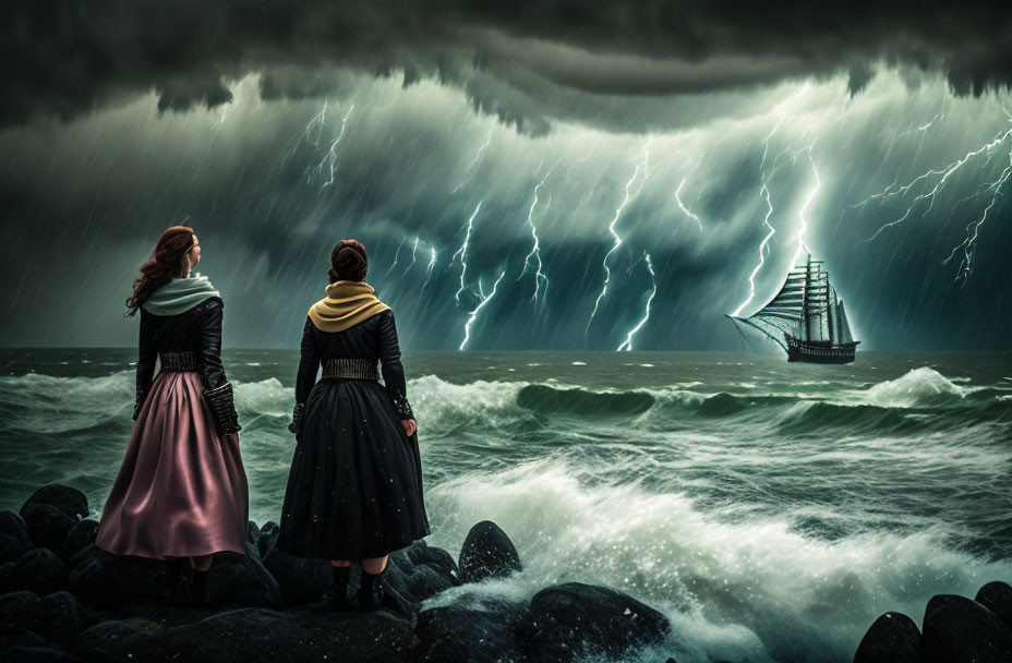 Two People on Rocky Shore Watch Ship in Stormy Sky