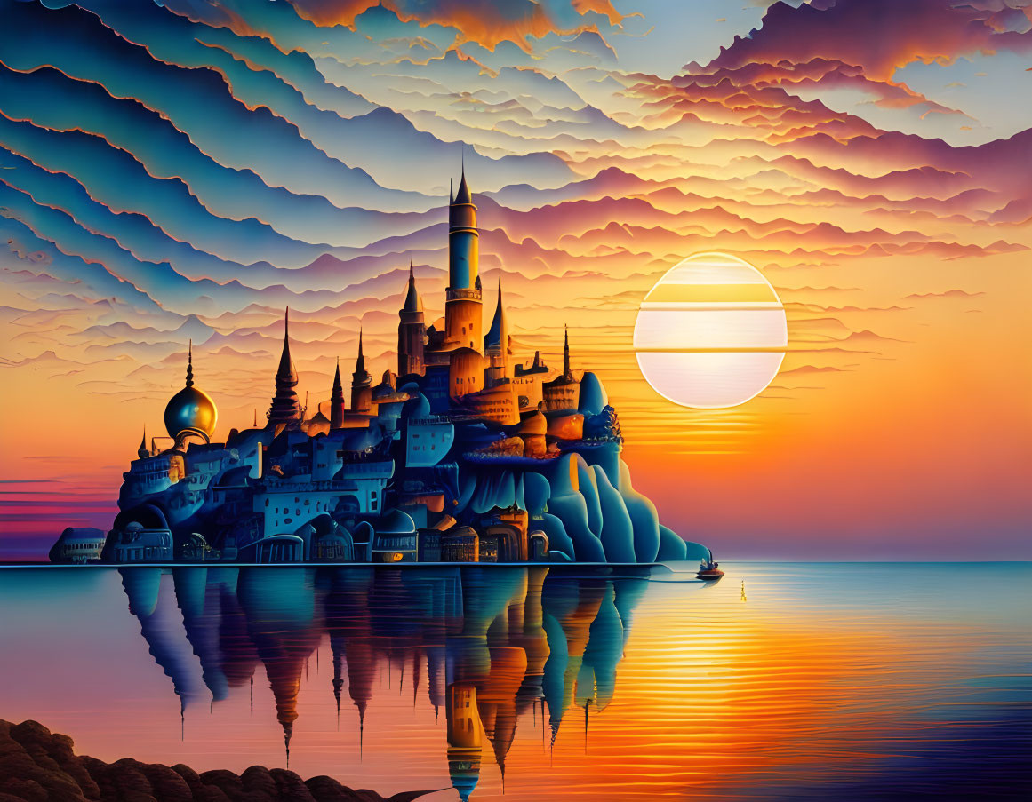 Majestic castle spires reflected in still water at sunset