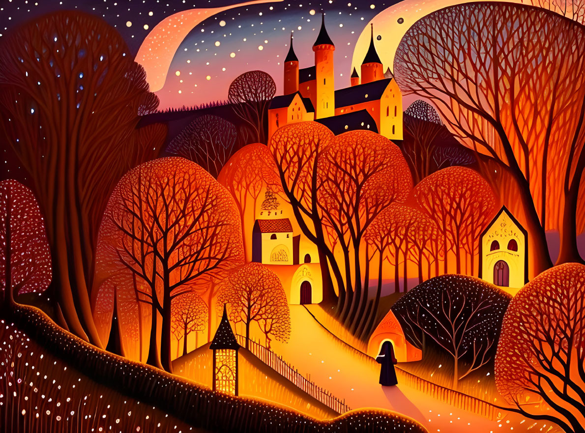 Colorful Illustration of Whimsical Landscape with Castle, Trees, and Figure Walking towards Lit Gate