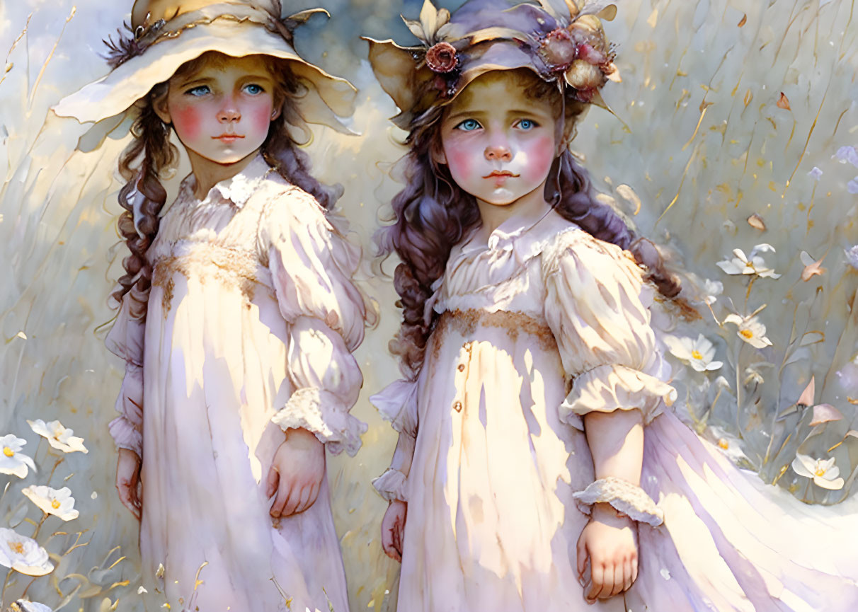 Illustrated girls with wide-brimmed hats and curly hair in a whimsical flower field